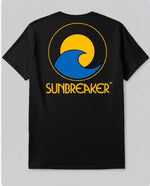 Black t-shirt with 'SUNBREAKER' logo on the back against a light gray background